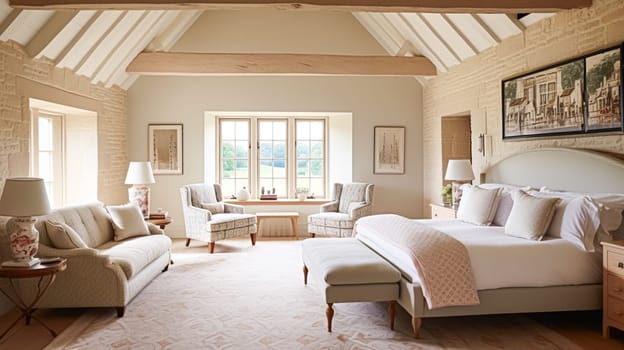 Cottage style bedroom decor, interior design and home decor, bed with elegant bedding and bespoke furniture, English country house or holiday rental interiors