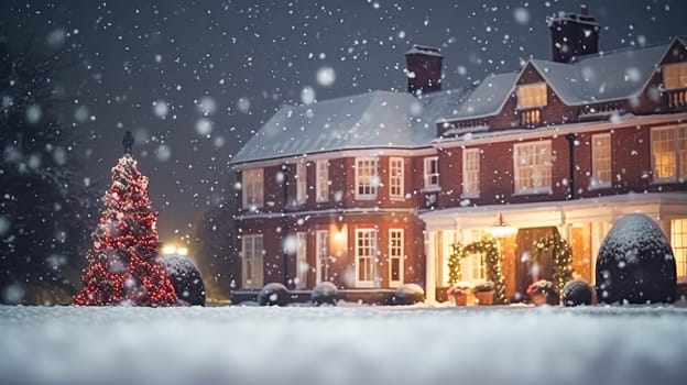 Christmas in the countryside manor, English country house mansion decorated for holidays on a snowy winter evening with snow and holiday lights, Merry Christmas and Happy Holidays design