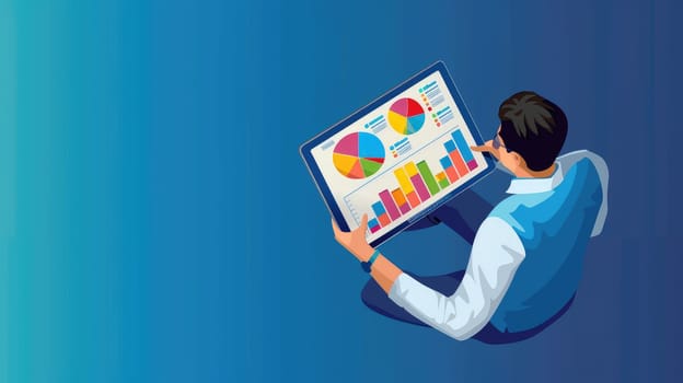 Tech-savvy Businessman Examining Financial Graphs on Digital Tablet - Business Growth and Investment Success Isometric Illustration with Copy Space..