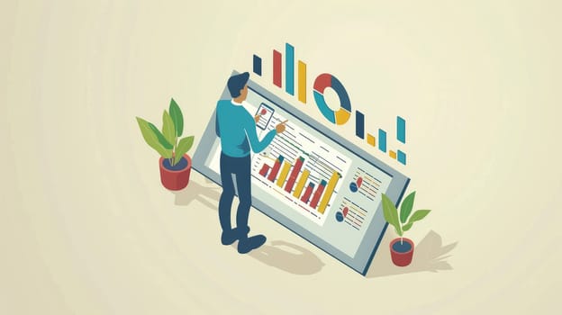 Modern Businessman Analyzing Financial Graphs on Digital Tablet - Concept of Business Growth, Investment Success, and Technology in Isometric Illustration with Copy Space.