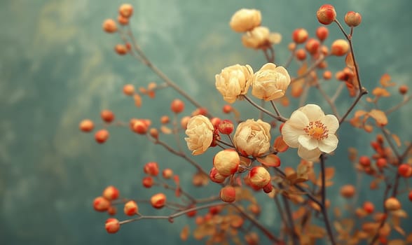 Branch with flowers on a blue background. Selective focus.