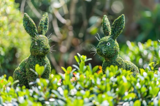 Topiary rabbits in a picturesque garden, surrounded by lush green shrubbery and beautiful landscaping