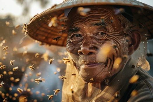 Asian man in hat surrounded by bees in field of flowers during nature trip for relaxation and serenity