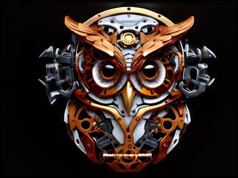 Steampunk cyborg owl pendant , 2D realistic illustration. Vintage metal bird. clipart isolated on transparent background .