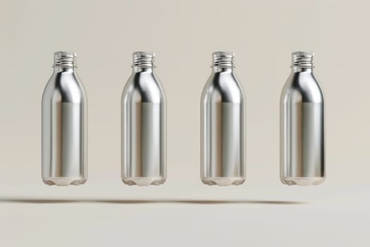 Silver bottles are shown in the air, with the tops of the bottles visible. The bottles are all the same size and shape, and they appear to be floating in the air
