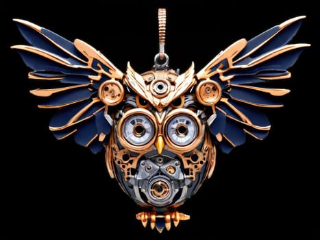 Steampunk cyborg owl pendant , 2D realistic illustration. Vintage metal bird. clipart isolated on transparent background .