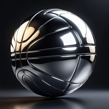 Image Hyper realistic isolated 3D levitating basketball in shiny chrome , black background , high detail, hyper quality