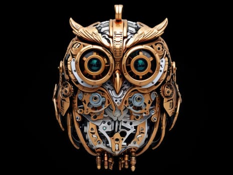 Steampunk cyborg owl pendant , 2D realistic illustration. Vintage metal bird. clipart isolated on transparent background .
