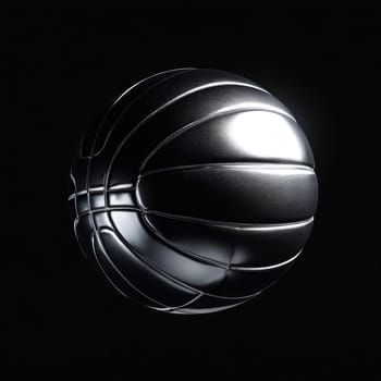 Image Hyper realistic isolated 3D levitating basketball in shiny chrome , black background , high detail, hyper quality