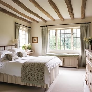 Cottage bedroom decor, interior design and holiday rental, bed with elegant bedding linen and antique furniture, English country house and farmhouse style idea