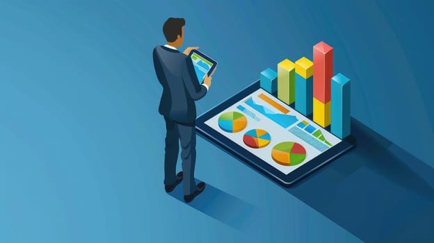 Isometric Illustration of Businessman Analyzing Financial Graphs on Tablet - Technology, Growth, Investment Success Concept with Copy Space..