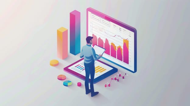 Tech-Savvy Businessman Analyzing Financial Data for Growth - Isometric Illustration with Copy Space..