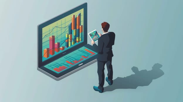 Modern Businessman Analyzing Financial Graphs on Digital Tablet - Isometric Illustration of Technology, Growth, and Success..