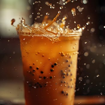 An amber liquid sits in a highball glass on a table, with a splash of fluid escaping. It is a soft drink, possibly iced tea or an alcoholic beverage