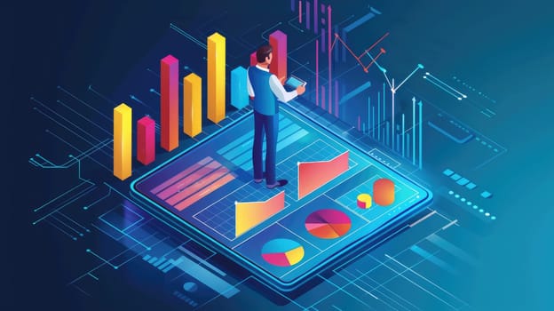 Modern Business Growth and Investment Success - Isometric Illustration of Businessman Analyzing Financial Graphs on Digital Tablet with Copy Space..