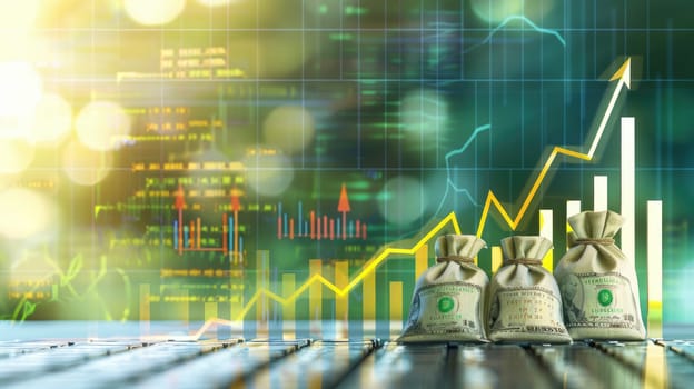 Financial Growth and Profit Potential Concept with Arrow, Money Bags, and Investment Charts for Advertising Campaigns..