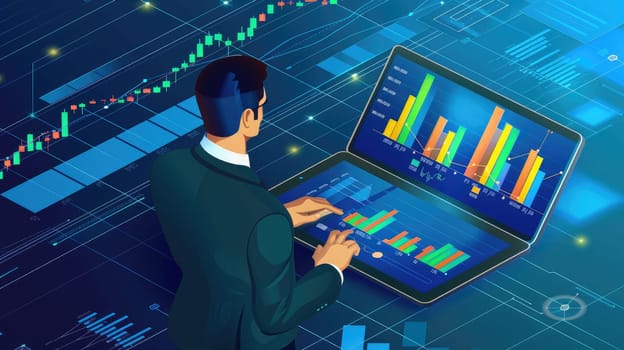 Modern Businessman Analyzing Financial Graphs on Digital Tablet - Technology, Growth, Investment Success Illustration with Copy Space for Decoration..