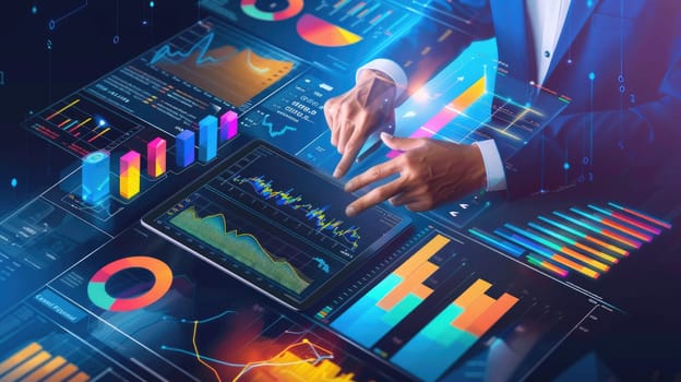 Businessman Analyzing Financial Growth Graphs in Isometric 3D - Technology and Business Success Concept..