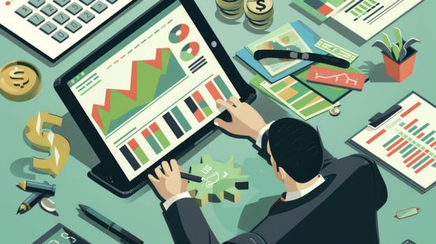 Isometric Businessman Analyzing Financial Graphs on Digital Tablet for Business Growth and Investment Success with Technology Concept - Copy Space for Design..