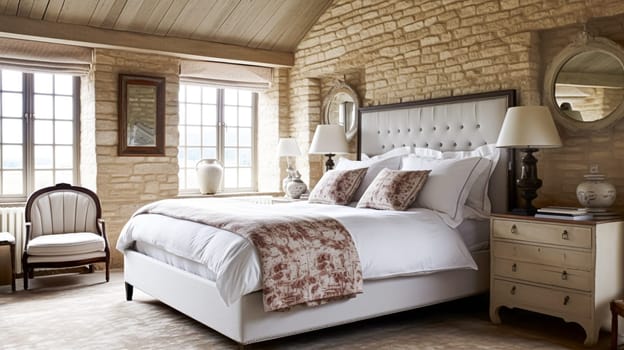 Cottage style bedroom decor, interior design and home decor, bed with elegant bedding and bespoke furniture, English country house or holiday rental interiors