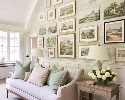 Living room gallery wall, home decor and wall art, framed art in the English country cottage interior, room for diy printable artwork mockup and print shop idea