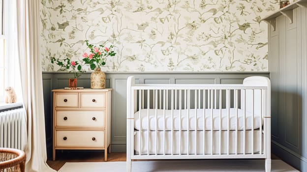 Baby room decor and interior design inspiration in beautiful English countryside style cottage