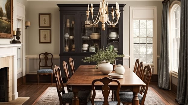 Cottage dining room decor, interior design and dark wood country house furniture, home decor, table and chairs, English countryside style interiors