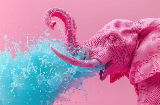 Pink elephant splashing water in a tropical paradise with blue trunk shower on a vibrant background