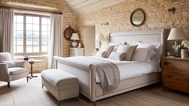 Cottage style bedroom decor, interior design and home decor, bed with elegant bedding and bespoke furniture, English country house or holiday rental interiors