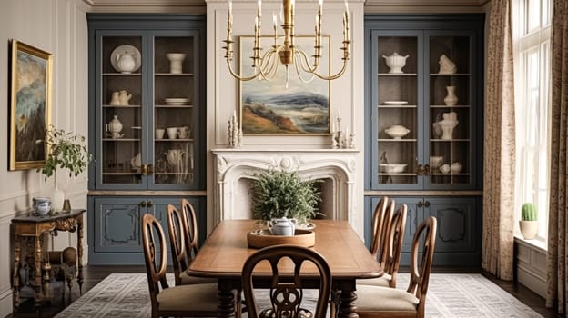 Cottage dining room decor, interior design and dark wood country house furniture, home decor, table and chairs, English countryside style interiors