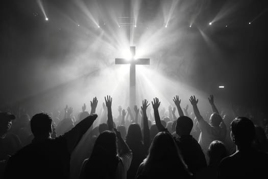 A large crowd of christian people are gathered in a church, with their hands raised in the air and a large cross in the center of the room. The atmosphere is one of worship and unity