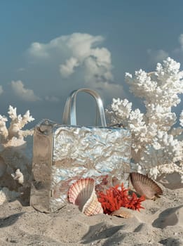 Fashionable silver handbag on sandy beach with coral and seashells, travel beauty concept