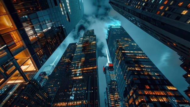 Nighttime cityscape of new york skyscrapers illuminated in travel and business hub with stunning skyline views and vibrant lights