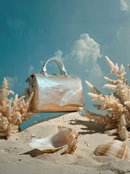 Beach vacation essentials stylish handbag on sandy shore with seashells and coral