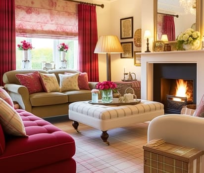 Traditional sitting room decor, interior design, red pink living room furniture, sofa and home decor in English country house and elegant cottage style, post-processed, generative ai