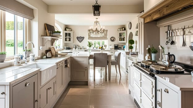 Cotswolds cottage style kitchen decor, interior design and country house, in frame kitchen cabinetry, sink, stove and countertop, English countryside styling