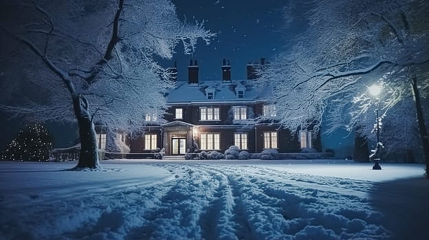 Christmas in the countryside manor, English country house mansion decorated for holidays on a snowy winter evening with snow and holiday lights, Merry Christmas and Happy Holidays design