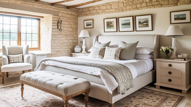 Cottage style bedroom decor, interior design and home decor, bed with elegant bedding and bespoke furniture, English country house or holiday rental interiors