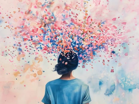 Beauty in bloom artistic painting of a woman with flowers in her hair and blue shirt on back