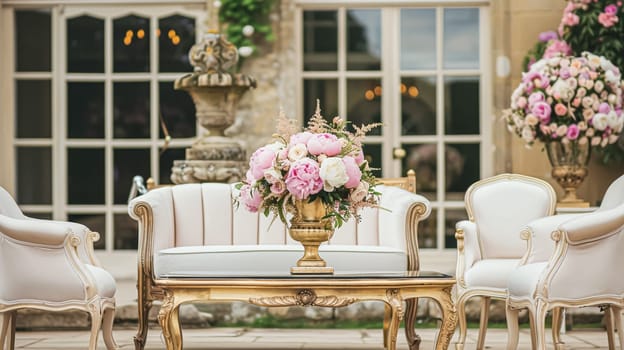 Wedding decoration with peonies, floral decor and event celebration, peony flowers and wedding ceremony in the garden, English country style