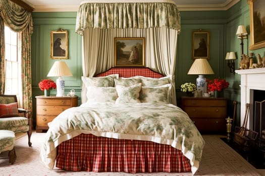 Bedroom decor, interior design and holiday rental, classic bed with elegant plush bedding and furniture, English country house and cottage style idea