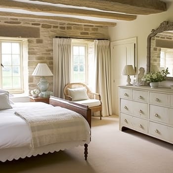 Cottage style bedroom decor, interior design and home decor, bed with elegant bedding and bespoke furniture, English country house or holiday rental interiors