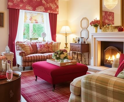 Traditional sitting room decor, interior design, red pink living room furniture, sofa and home decor in English country house and elegant cottage style, post-processed, generative ai