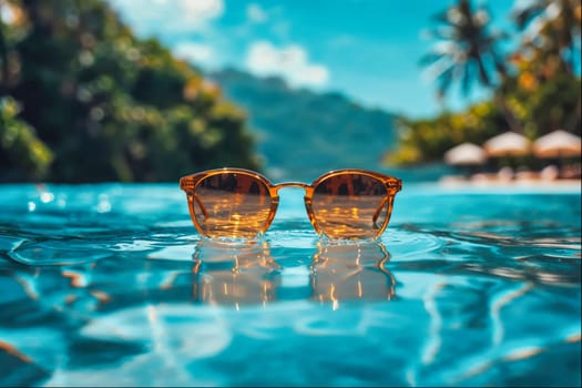 A close-up of sunglasses floating in a pool, with a tropical beach and mountain range in the background. The blue water and bright sky create a serene and inviting atmosphere.