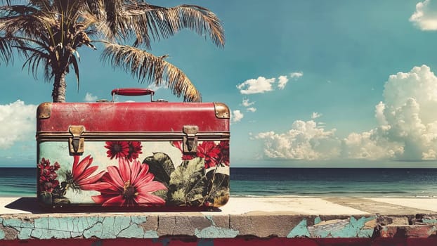 A vintage suitcase with floral patterns sits on a beachside wall under a palm tree.