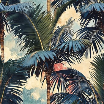 Digital seamless pattern featuring palm trees in a glitch art style. The background features an abstract sky with clouds in various shades of red, blue, green, and white.