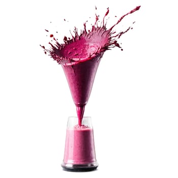Beetroot smoothie splash vibrant pink and frothy bursting out of a blender with beetroot slices. Food isolated on transparent background.