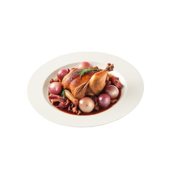 Coq au vin braised chicken red wine sauce pearl onions bacon lardons Culinary and Food. Food isolated on transparent background