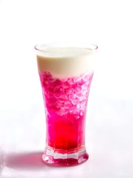 Singaporean Bandung tall glass with ice filled with pink hued rose syrup and milk sweet. Drink isolated on transparent background.