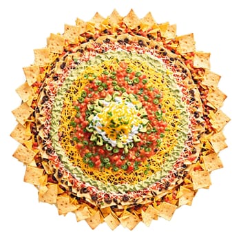 Nachos mandala a colorful mandala of loaded nachos with flying tortilla chips melted cheese. Food isolated on transparent background.